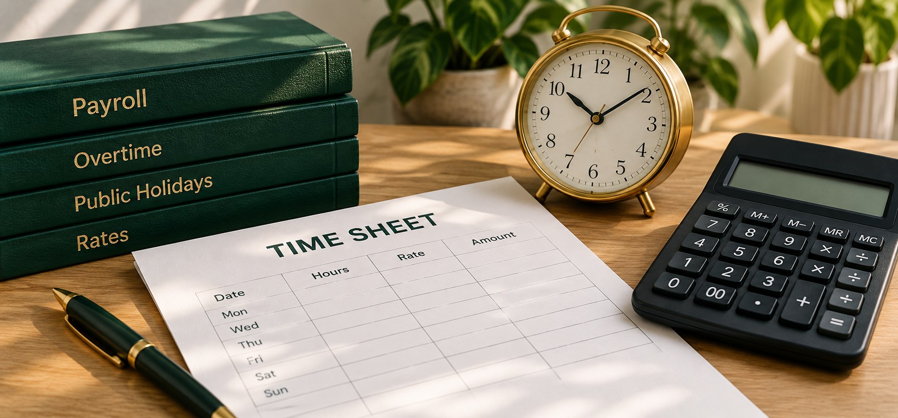 A timesheet, clock and calculator beside payroll, overtime and public holiday reference binders